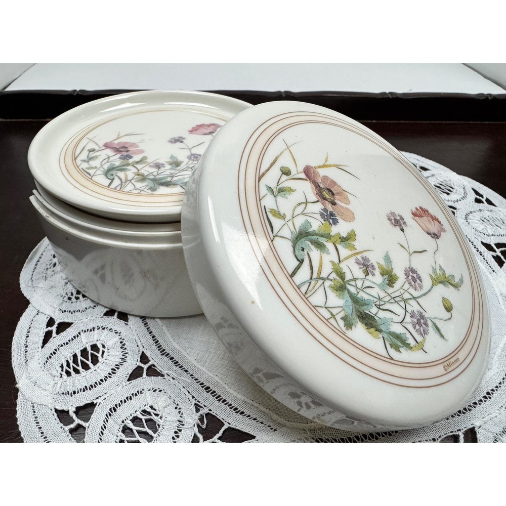 Vintage Minton Clover Leaf Floral Coaster Set with Lidded Holder cottagecore